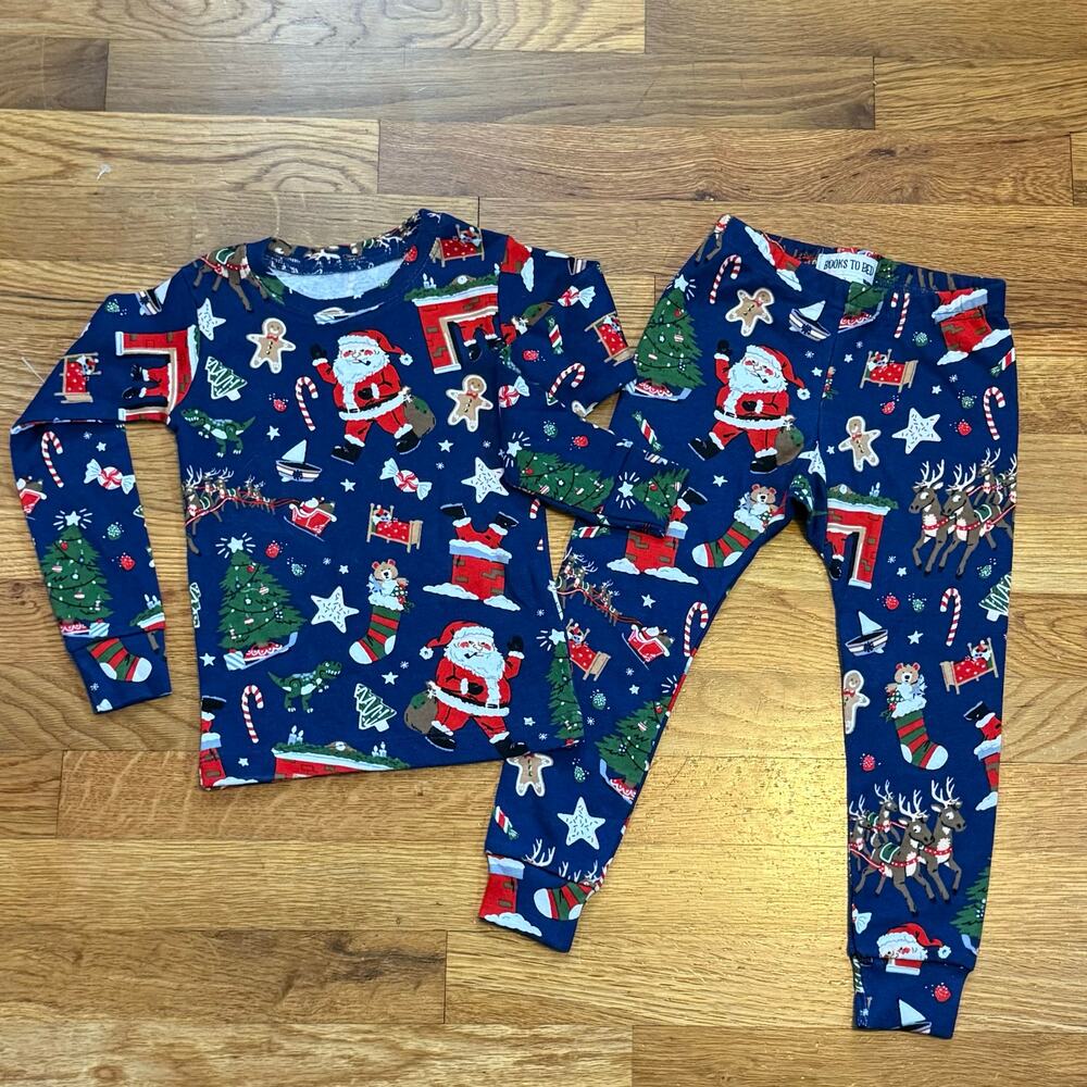 Books to Bed Kids Toddler 3 Cotton Blue Santa Holiday Christmas Pajama Set